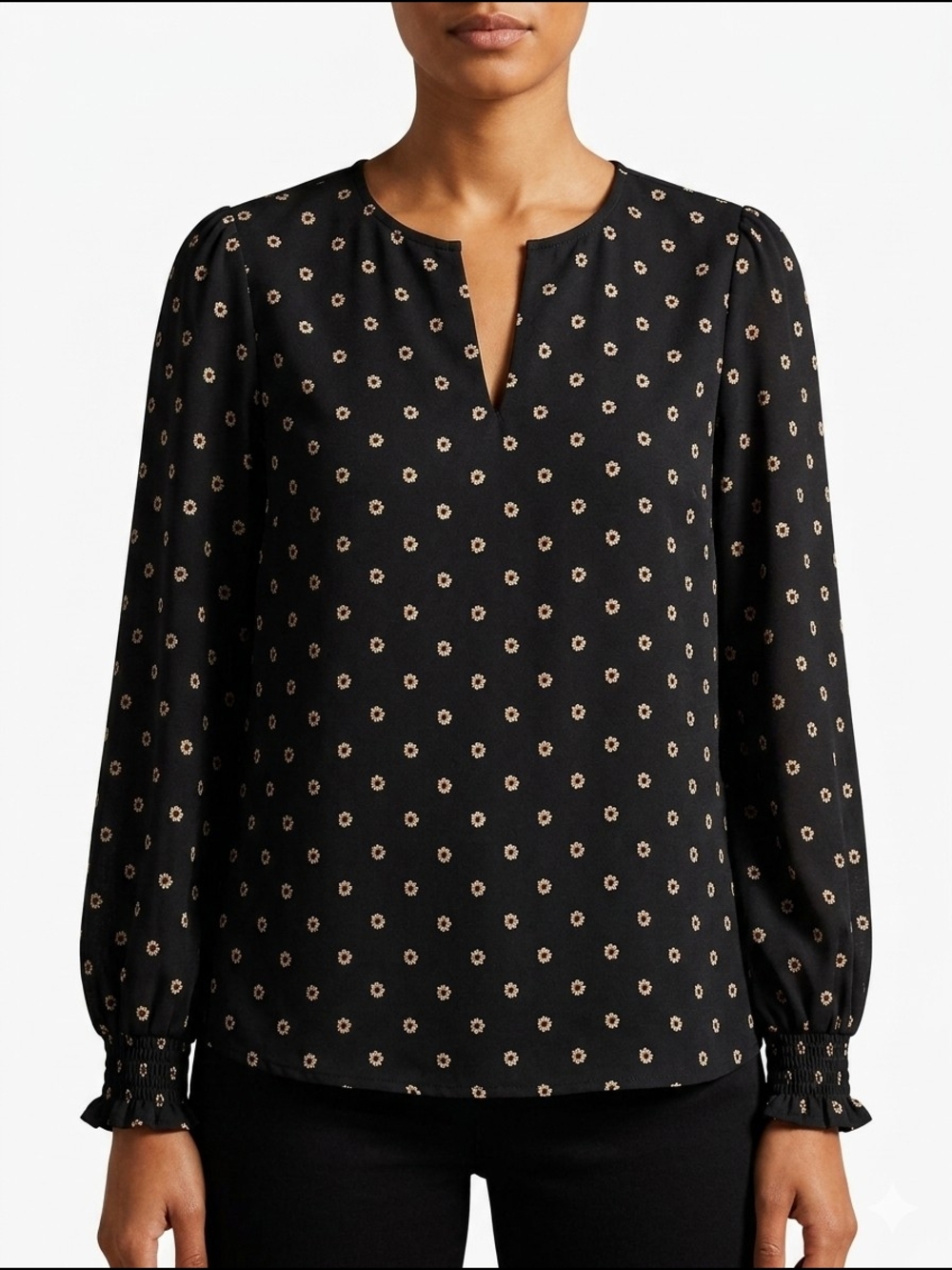 Ted Baker Black Daisy Floral Smocked Cuff V-Neck Blouse Top Size Large